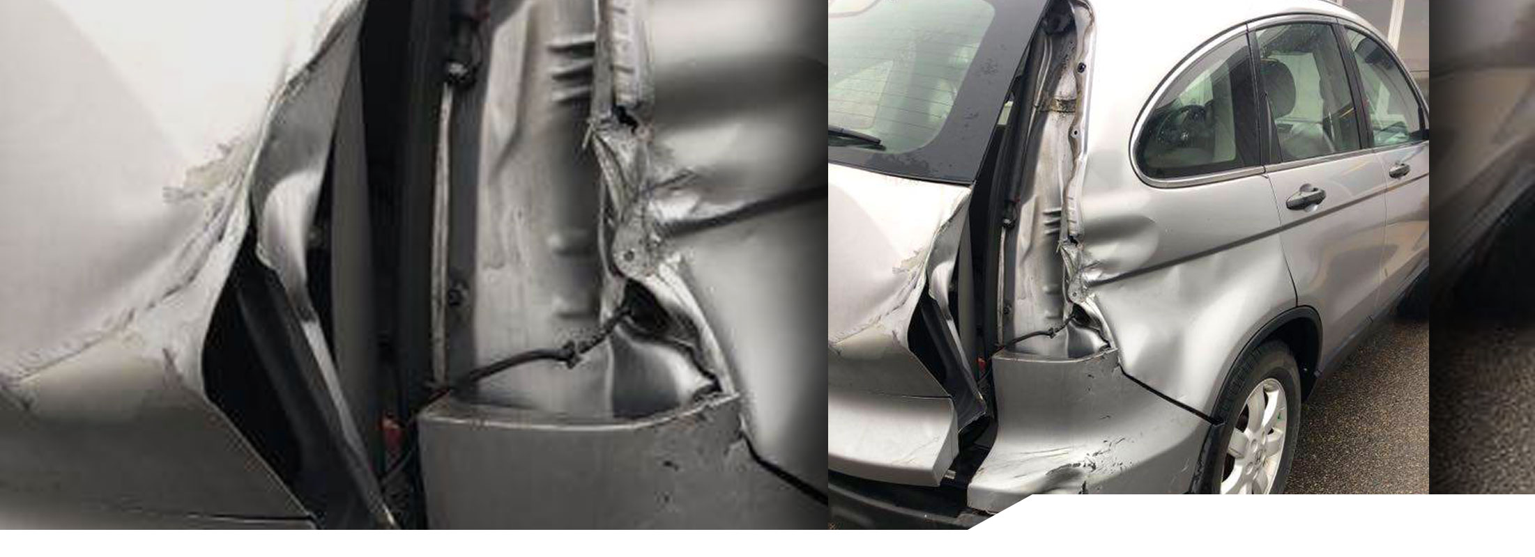 Cracked rear bumper and damaged back hatch on a SUV