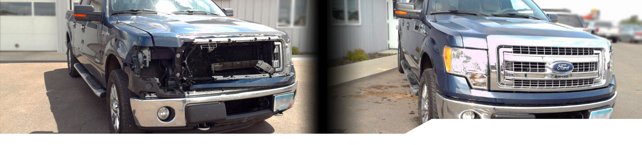 Before and After collage of the repaired front-end of a Ford Truck