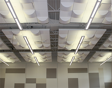 Educational Ceiling Application: Modern accoustical ceiling panels in the cafeteria of a high school