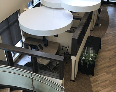 Office Building Ceiling Application: Decorative floating cloud accoustical ceiling structures inside an office building